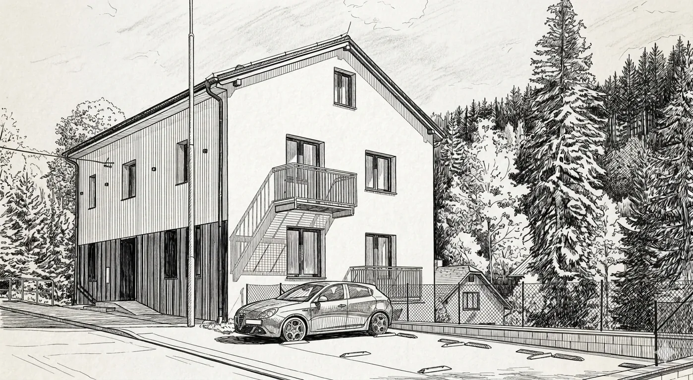 Skizze des Entwurfs und der Anordnung der Residence Pod Bublavou